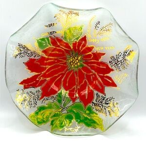 VTG Christmas Glass Handpainted Red Poinsettia Gold Accents Ruffled Round Tray